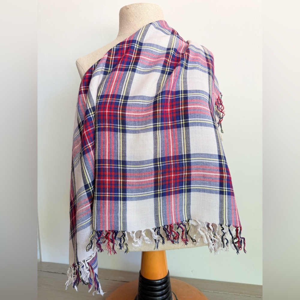 Vintage GLENTEX Plaid Fringe Square Scarf 32" Grand Foulard Rayon Made In India